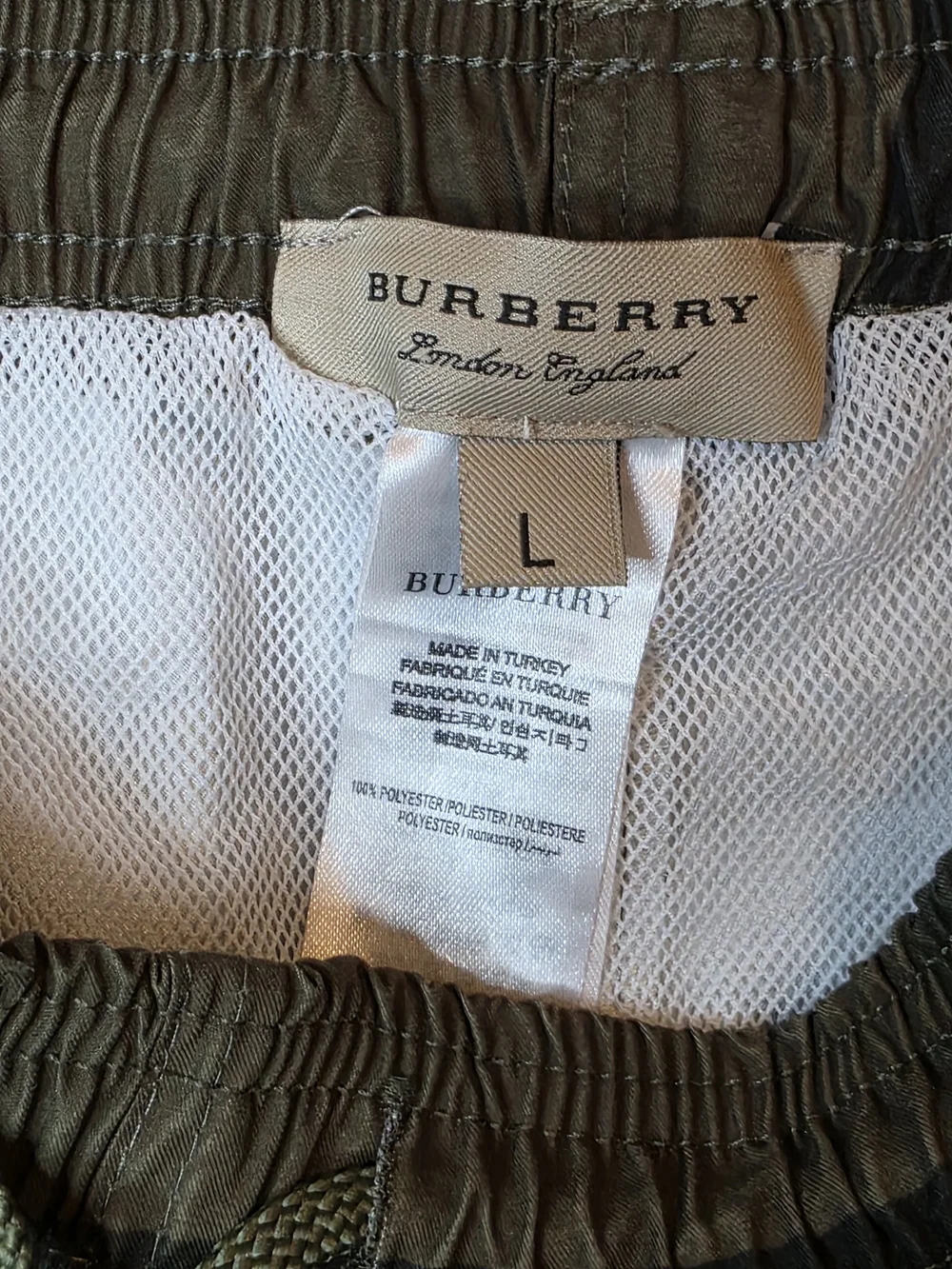 Burberry Olive and White Check Swim Trunks Large